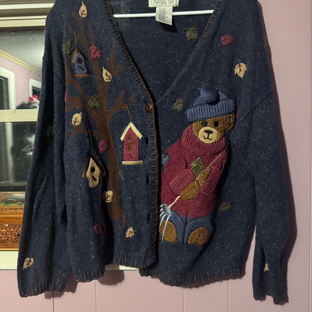 Charming Bear Design Cardigan in Navy